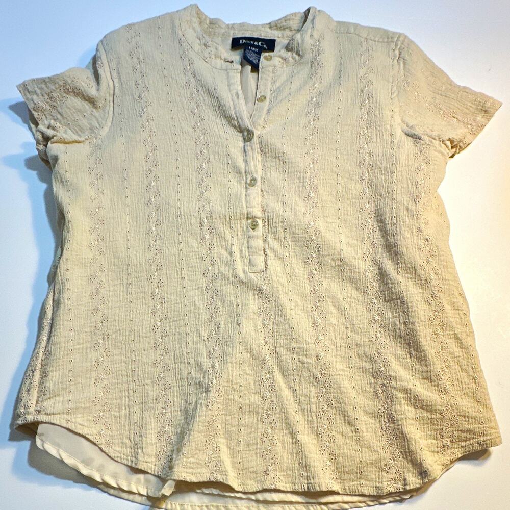Denim & Co. Womens L Beige Eyelet Embroidered Button Front Split Neck Blouse